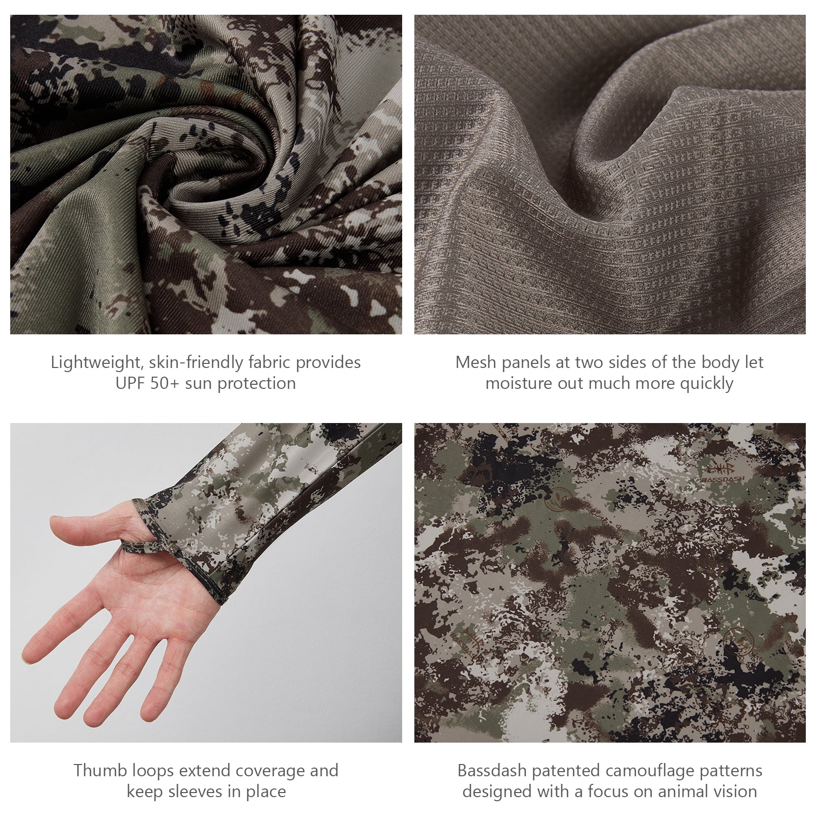 BASSDSASH Men's UPF 50+ Lightweight Hunting Camo Hoodie Quick Dry Performance Long Sleeve Fishing Shirt with Hood FS30M