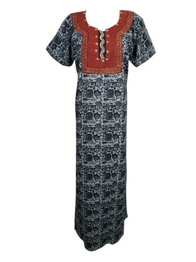 Mogul Women's Cotton Floral Printed Maxi Kaftan Gray Short Sleeves Evening Nightwear Caftan Dress L