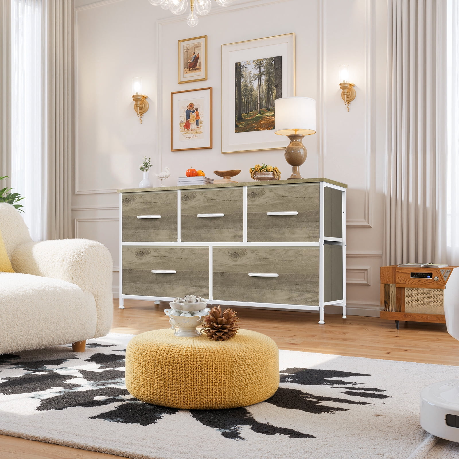 Dresser, Betcozy Storage Organizer with 5 Drawers for Bedroom, Chest of Drawers with Fabric Bins, Sturdy Metal Frame, Wood Tabletop, Smoked ash