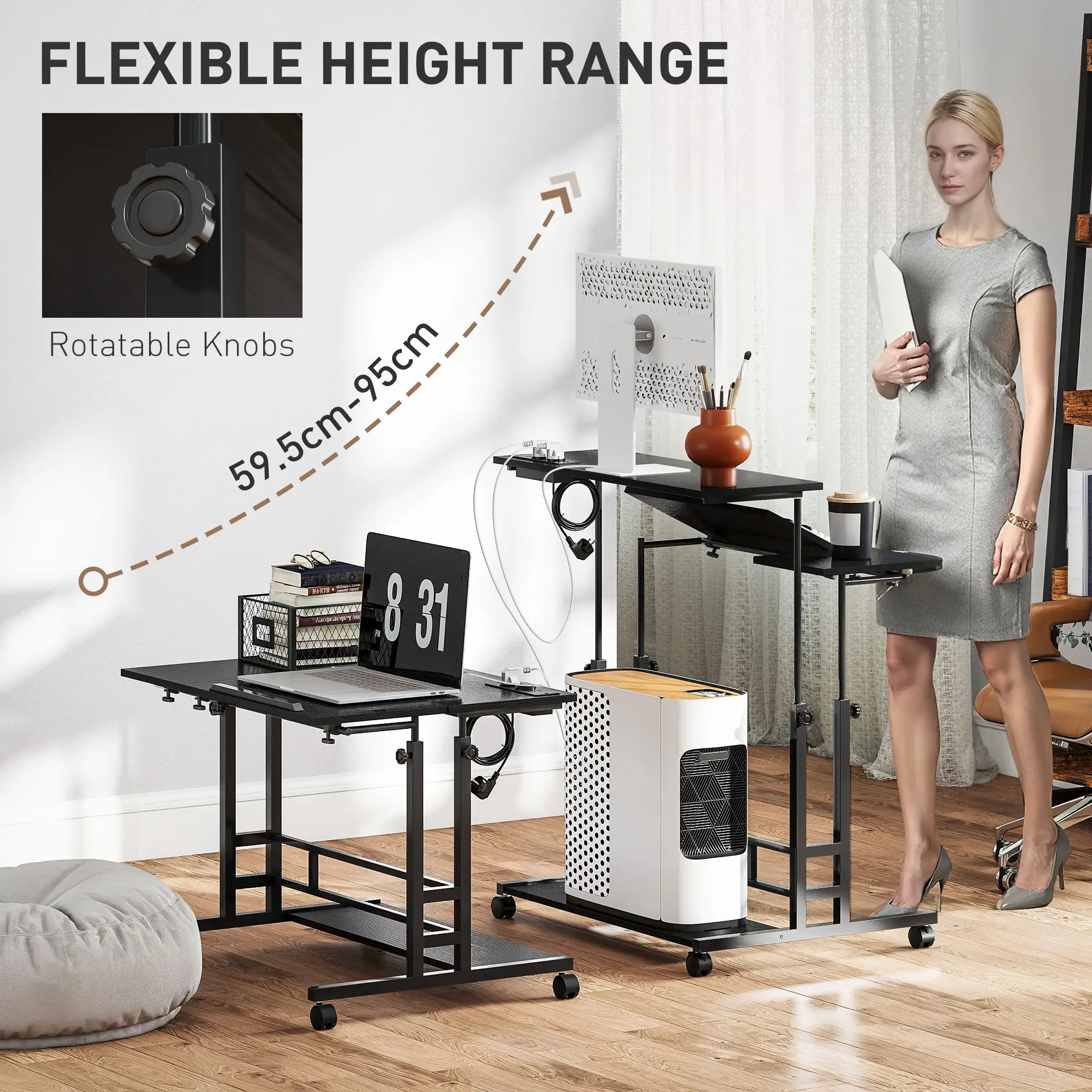Manual Height Adjustable Standing Desk, Three-Panel Tiltable Desktop Desk with Built-in Charging Station, Lockable Caster Wheels for Home Office Studio Classroom