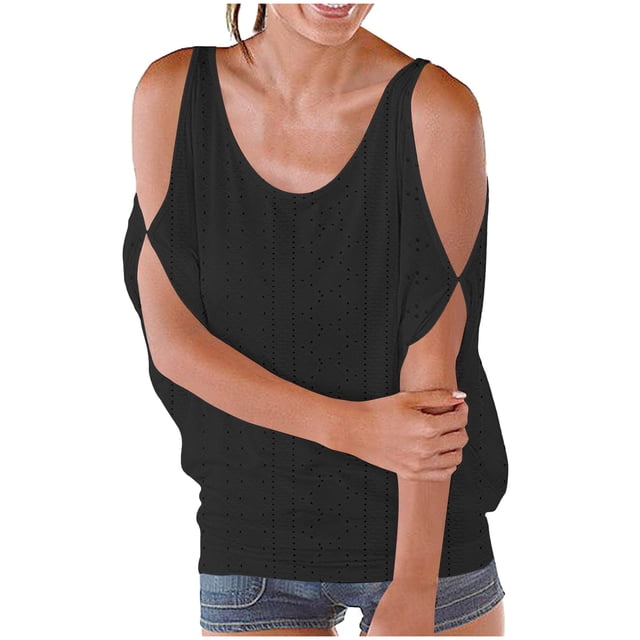 Timegard Womens Tops Cold Shoulder Eyelet Scoop Neck Short Sleeve Back Drawstring Casual Loose Tshirt