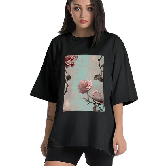 Plus Size Shirt for Women Black Tops for Women Short Sleeves Shirt for Women Roses3 T Shirt Crewneck Shirt for Women XS