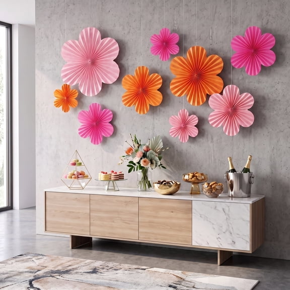 9-Pack Hot Pink & Orange Paper Flowers, Groovy Hanging Wall Decor for Bachelorette, Birthday, Wedding & Summer Party Backdrop
