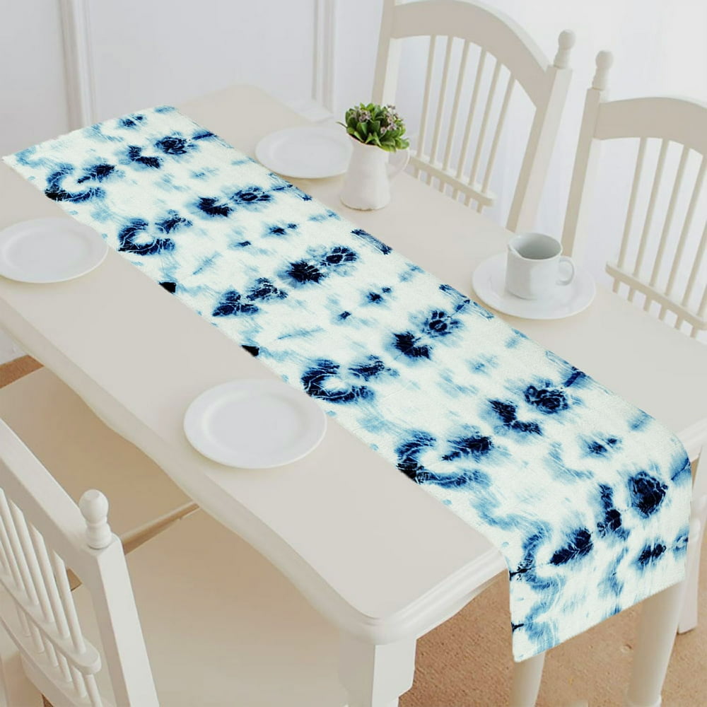 ABPHQTO TieDye Pattern Of Indigo Color On White Silk Table Runner Placemat Tablecloth For Home