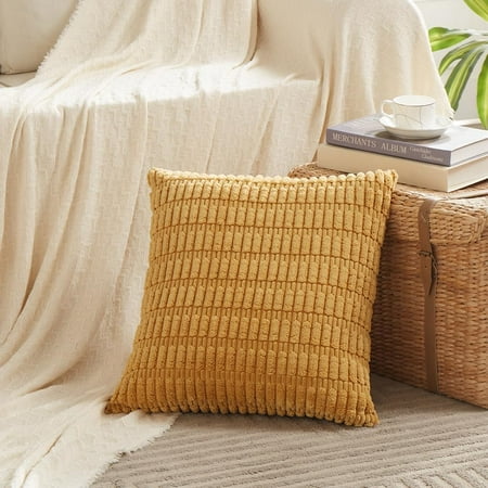 

Fancy Homi Mustard Yellow Decorative Throw Pillow Covers 16x16 Inch for Living Room Couch Bed Sofa Soft Striped Corduroy Square Cushion Case 16x16 Rustic Farmhouse Boho Home Decor