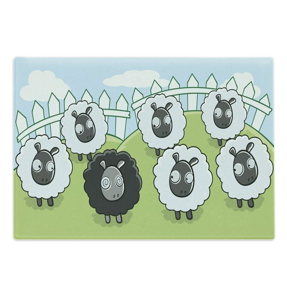 Cartoon Cutting Board, Composition of Farm Animals Dark Color Sheep Surrounded by White Sheep Pattern, Decorative Tempered Glass Cutting and Serving Board, in 3 Sizes, by Ambesonne