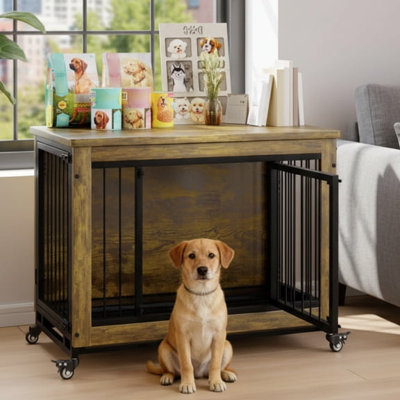 EuKer 38.58" Heavy Duty Dog Kennel, Wooden Dog Crate Furniture with Wheels and Removable Tray for Small Medium Dogs