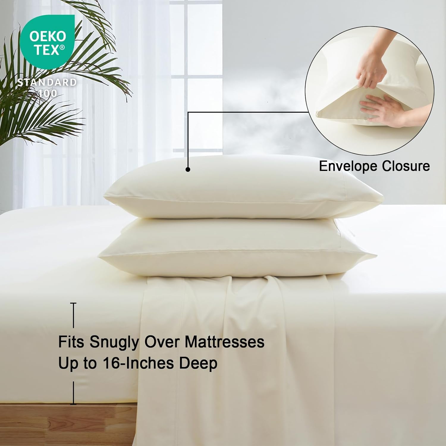 PHF Bamboo Bed Sheet Sets, 4 Pieces King Silky Soft Bedding Sheets, 1800 Thread Count 16 Inch Deep Pockets, Cream