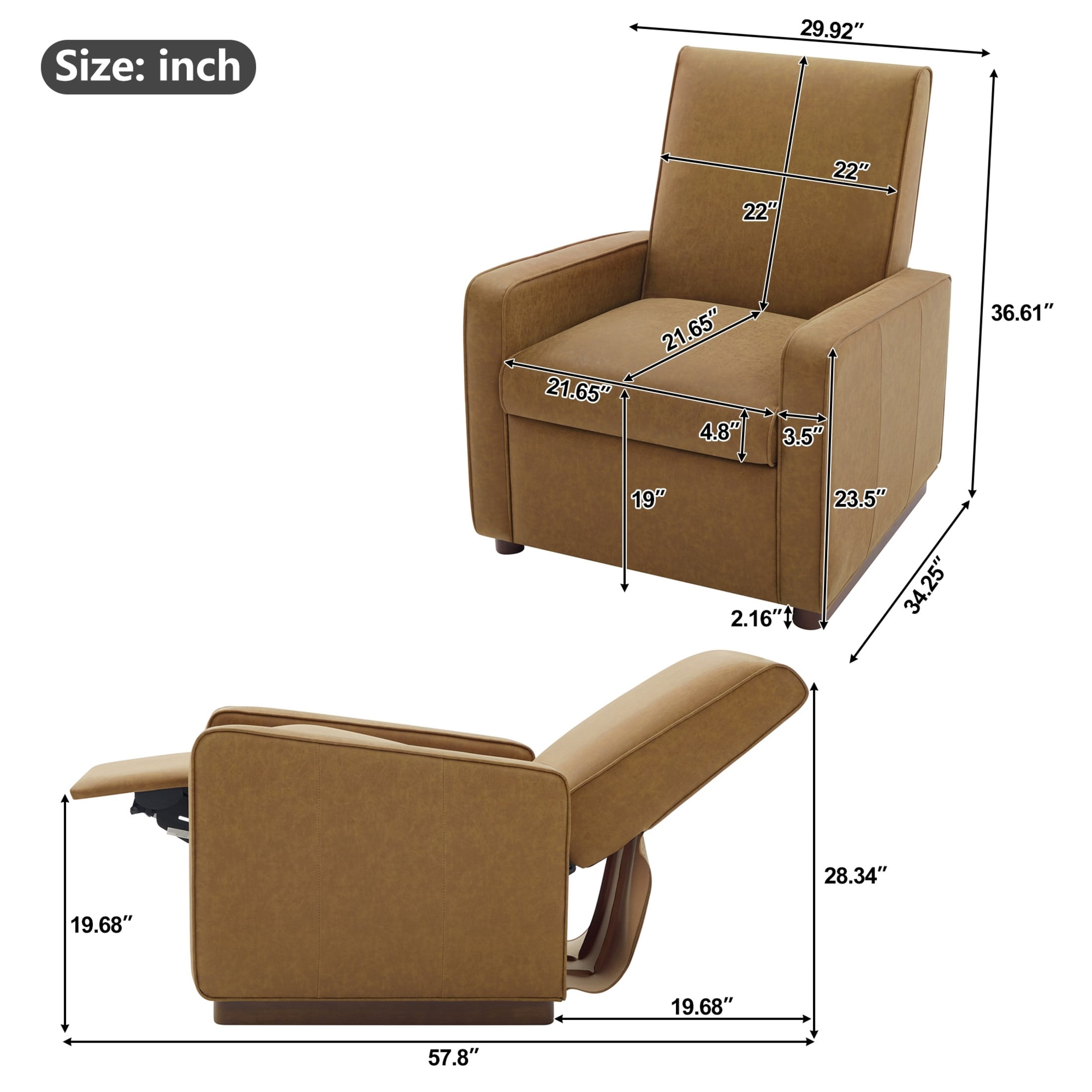 Christopher Knight Home Modern Manual PU Leather Recliner Chair, 2-Position Adjustable Back, Brown