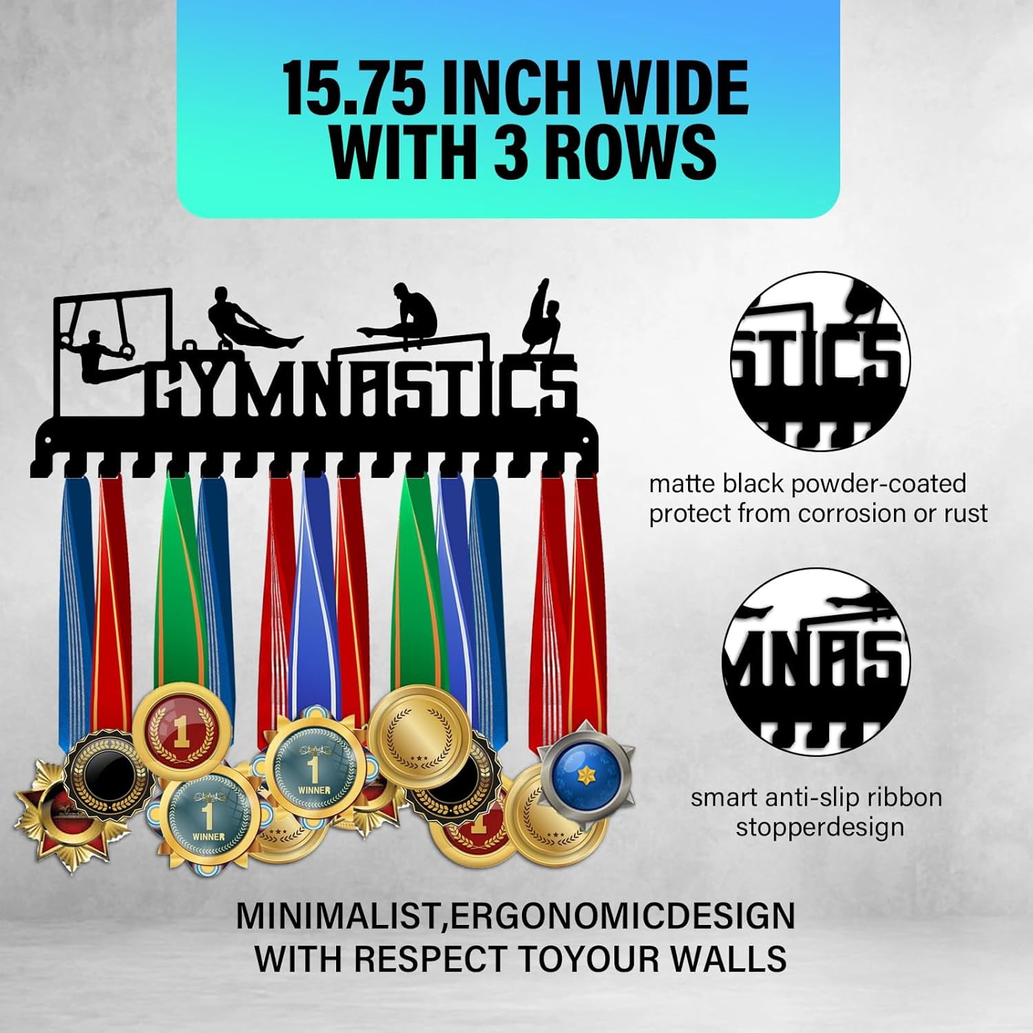 Gymnastics Medal Hanger Medal Display Holder Hanger 17 Hooks Metal Medal Rack Frame Sport Awards Ribbon Holder Personalized Wall Mount Tiered Award Rack for Medals Athletes Men Women 1set