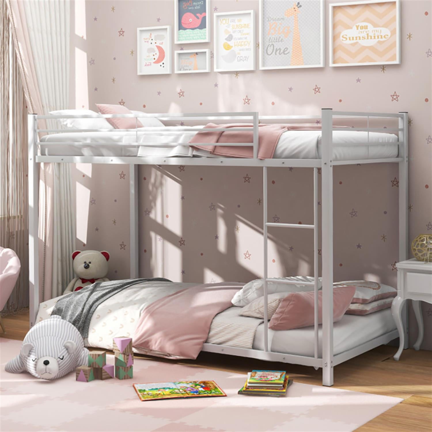 Demi Bonn Low Profile Twin Over Twin Bunk Bed with Full-length Guardrails, Sturdy Metal Twin Bunk Beds, Bed Frame, White