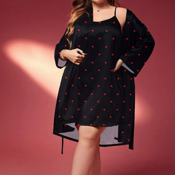 Aueoeo Women'S Pajama Set Nightgown And Robe Heart Printed Spaghetti Strap Dress 2 Piece Pajama Set(Available In Big Size) Black XX-Large