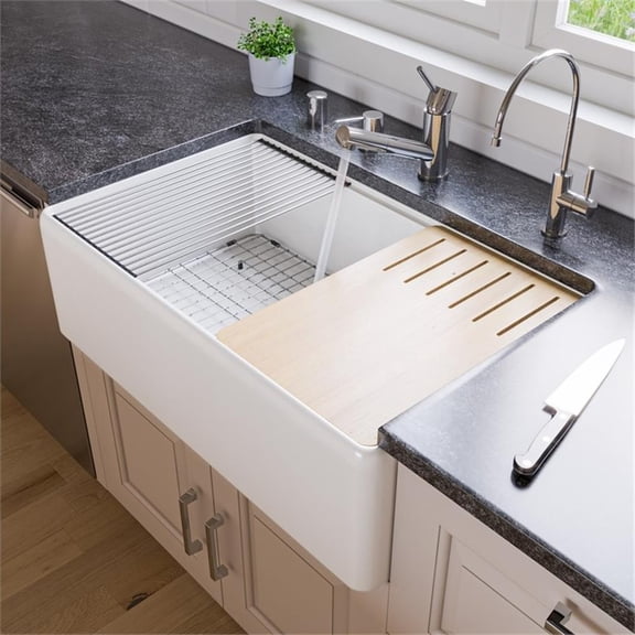 Pemberly Row White Apron Workstation 33" x 20" Single Bowl Fireclay Farm Sink