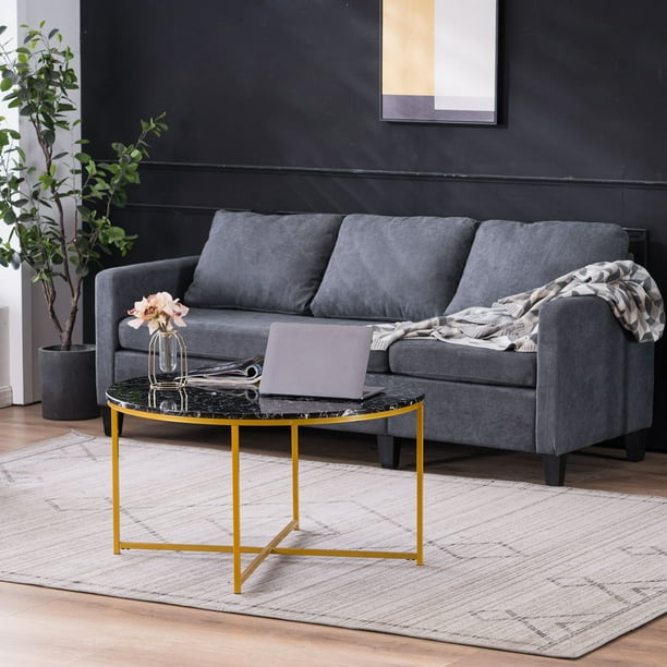 Round Coffee Table For Living Room Modern Sofa Side End With Marble Top Metal Legs Easy Assembly And Clean Black Com Modern Sofa Side End Table With Marble, Round Black End Tables For Living Room