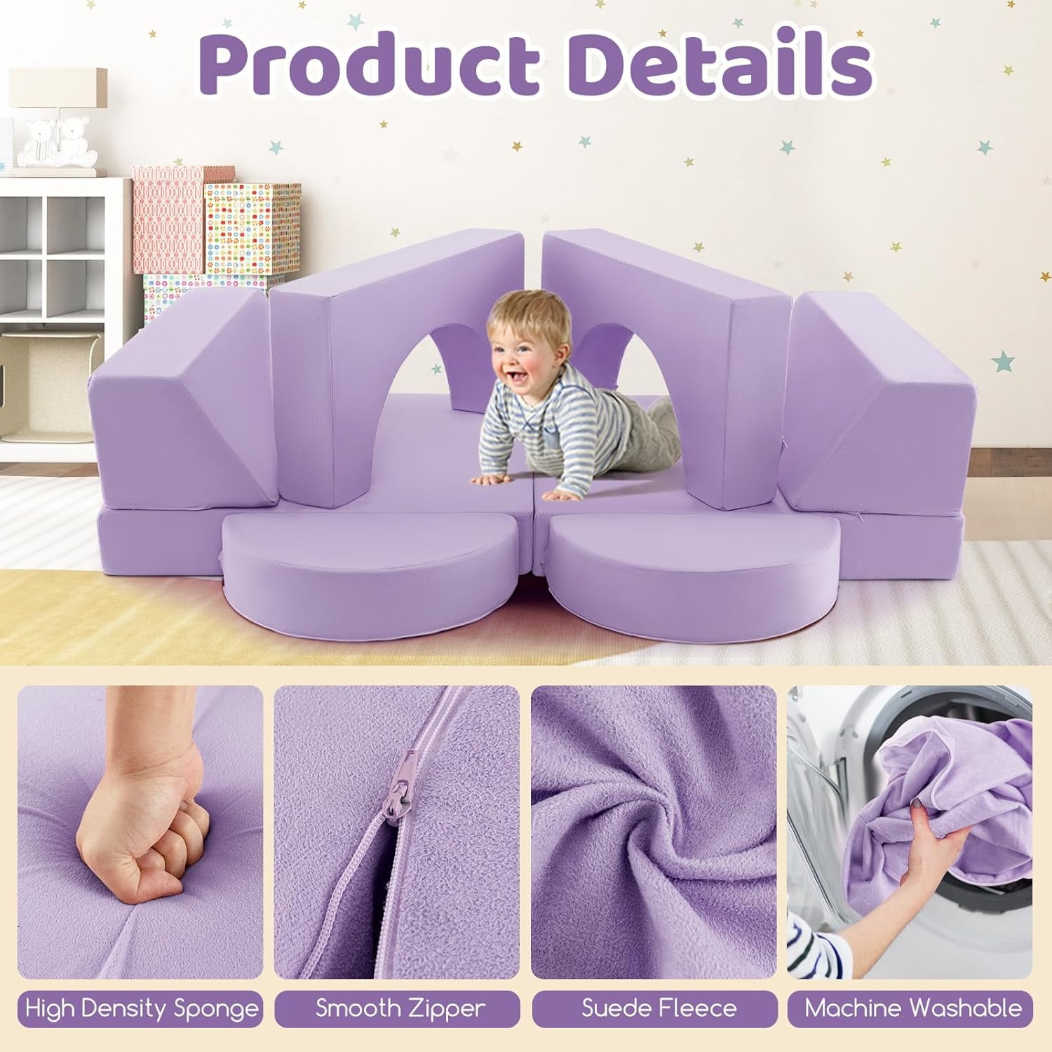 OLAKIDS Modular Kids Play Couch, 8PCS Toddler Sectional Sofa Building Fort for Playroom, Bedroom, Imaginative Convertible Floor Cushion, Foam Set for Boys and Girls