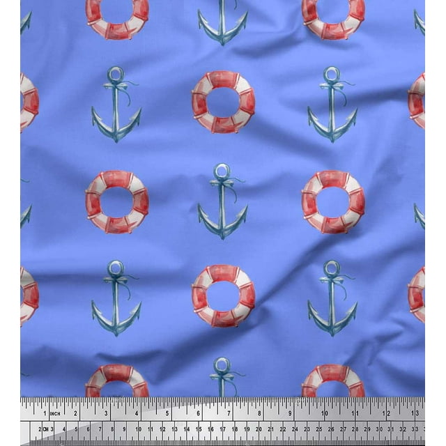 Soimoi Blue polyester Crepe Fabric Life Ring & Anchor Hook Nautical Fabric Prints By Yard 52 Inch Wide