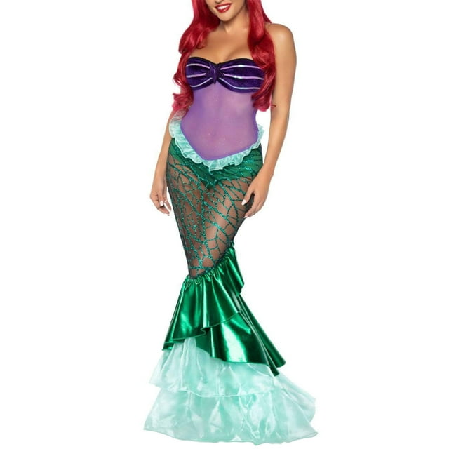 xiaxaixu Costume de Fête pour Femmes Mermaid, Robe de Cosplay Longue Queue Sans Bretelles à Volants et Paillettes