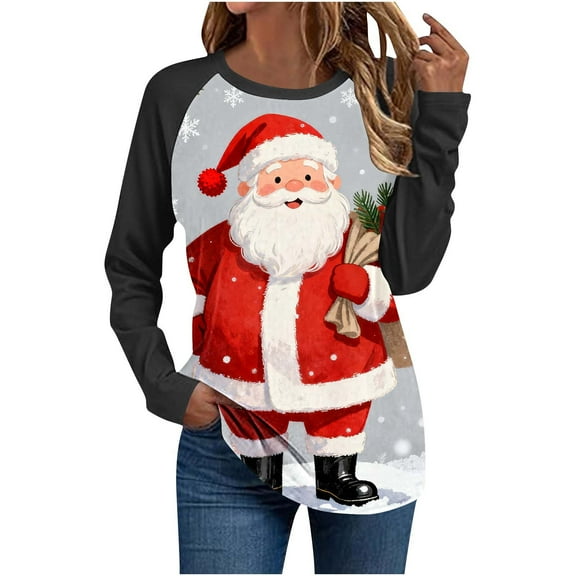 Womens Christmas Shirts Funny Black Raglan Sleeve Christmas T-Shirt Long Sleeve Crew Neck Top with Santa Print for Holiday Fashion My Items