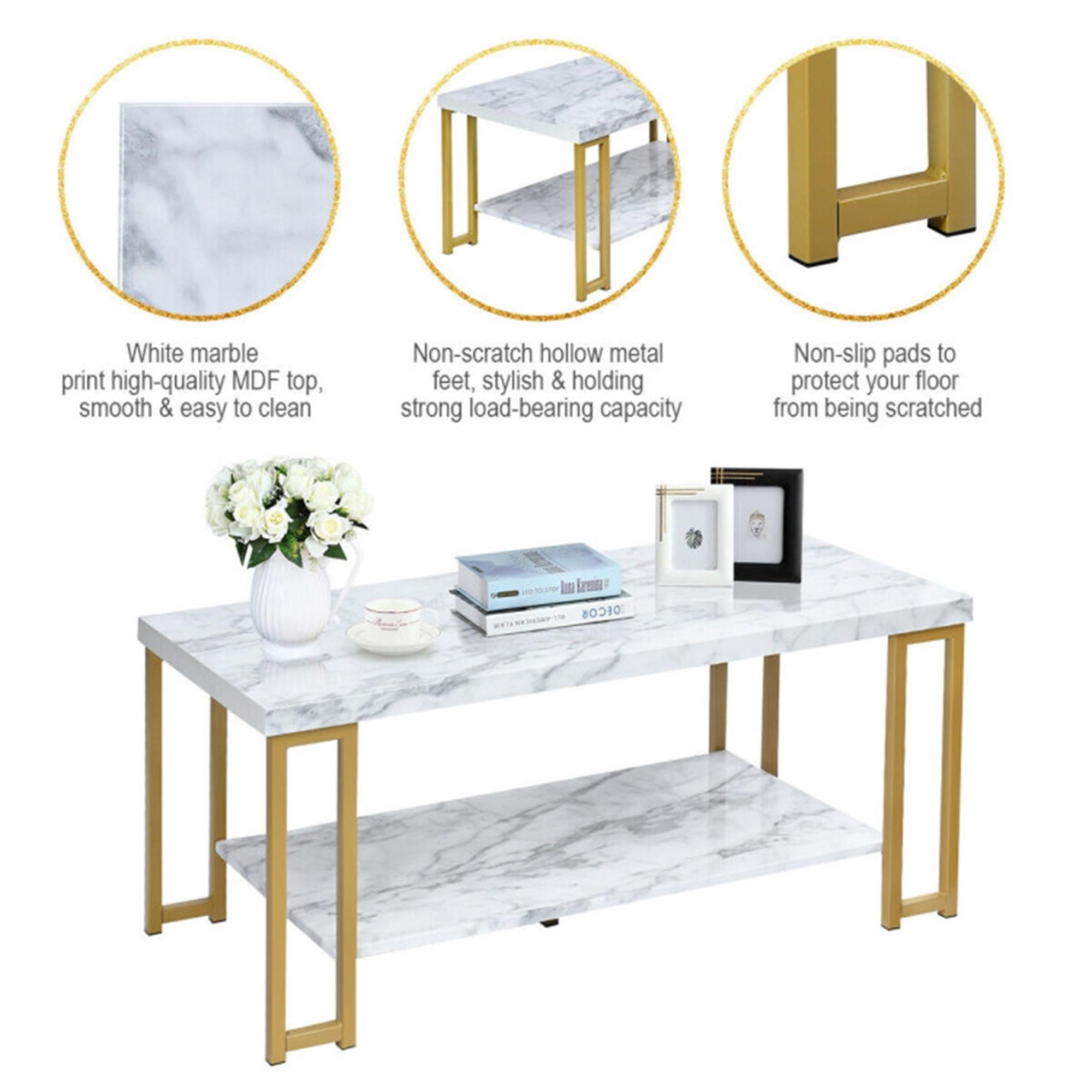 Demi Bonn 3-Piece Coffee Table Set, Rectangular Modern Coffee Table with Gold Print Metal Frame & 2-Tier Glass End Table Set of 2 with Faux Marble Storage Shelf, for Living Room, White