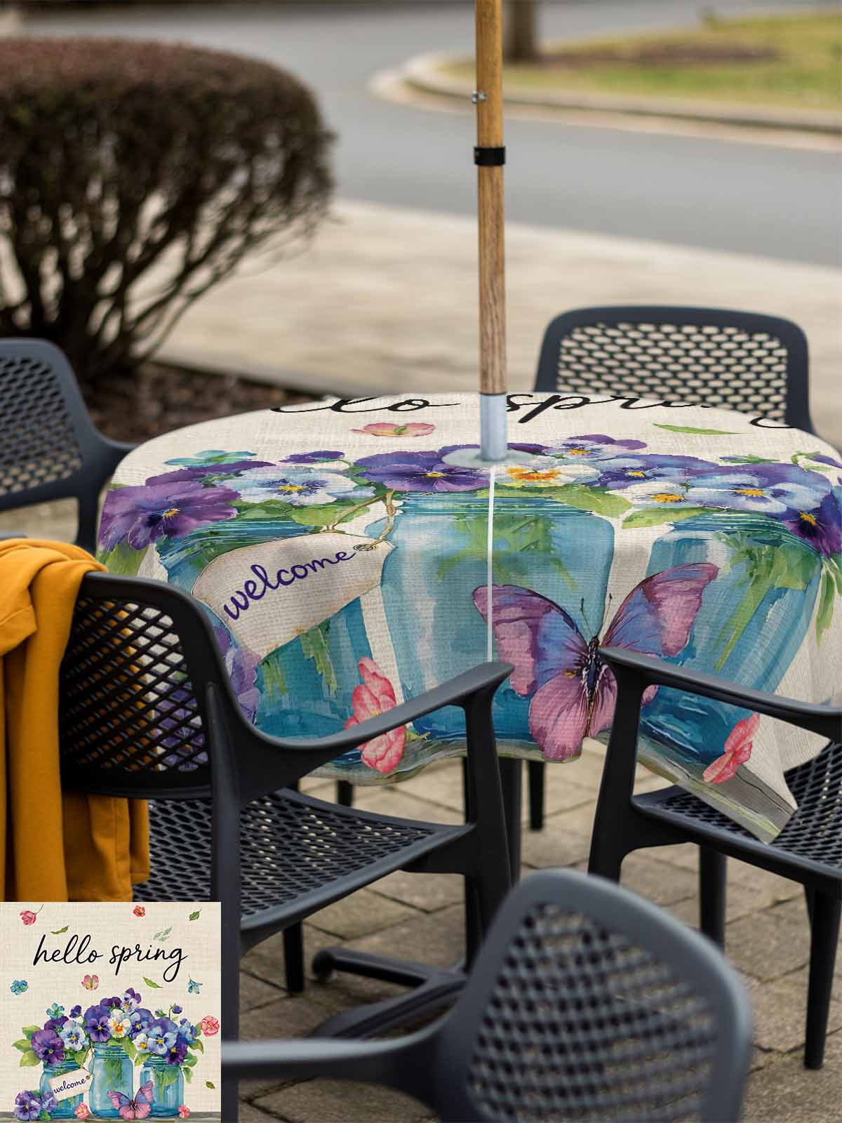 Hello Spring Outdoor Tablecloth - 54x54 Inch Square Dining Table Cover, Pastoral Purple Bottle Floral Rustic Burlap Waterproof Outdoor Table Cloth with Umbrella Hole & Zipper for Picnic/Patio/Party