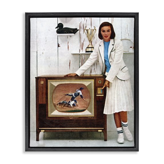 Stupell Industries Traditional Vintage Sports TV Ad Woman Black Floating Frame Canvas Art, 17 x 21, by Kathy Alper
