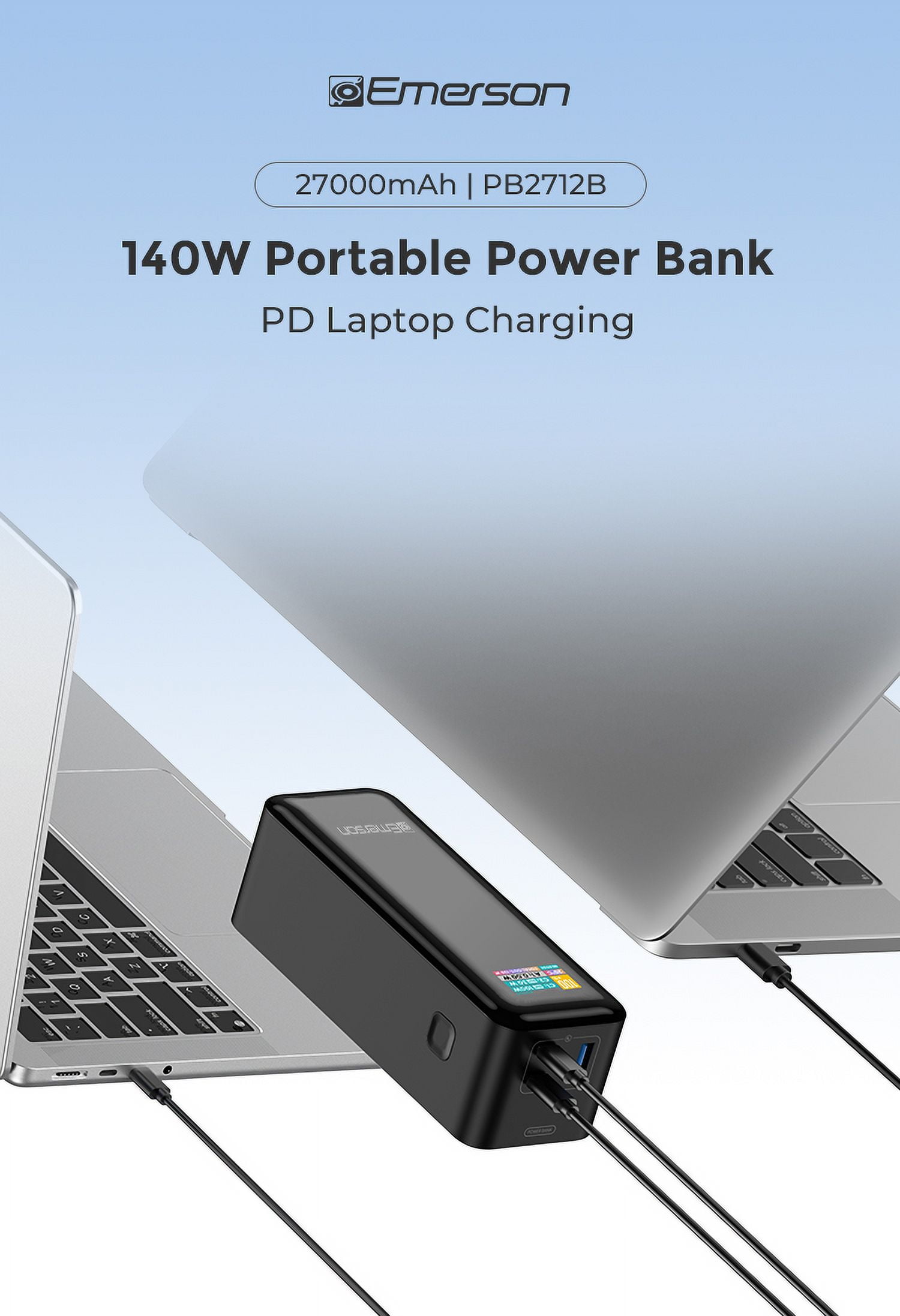 Emerson Power Bank 27,000mAh with PD 140W and Intelligent Digital TFT Display, Black - PB2712B
