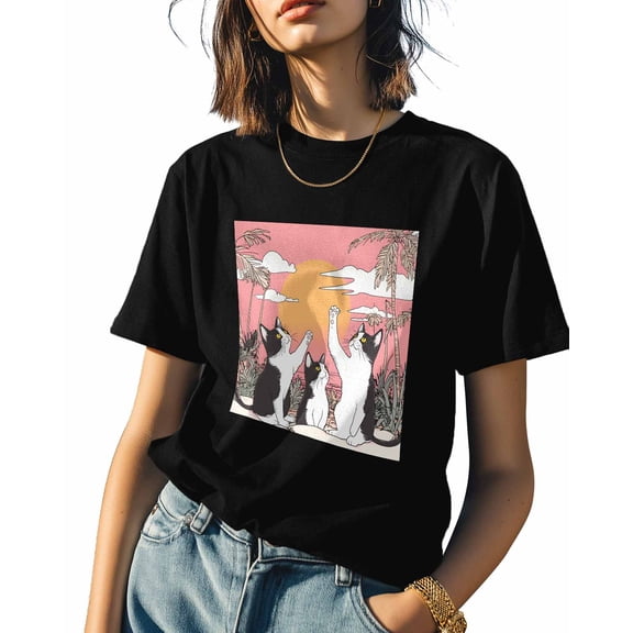Funny Cat Sun Womens Tshirt Graphic Tees Cotton Crew Neck T-Shirts, Casual Short Sleeve Shirts for Women Teen Girl Tropical Plant