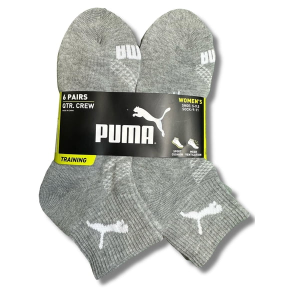 PUMA SOCKS WOMEN'S - QUARTER 253 - KYRA GREY - SHOE SZ 5-9.5 -PACK 6