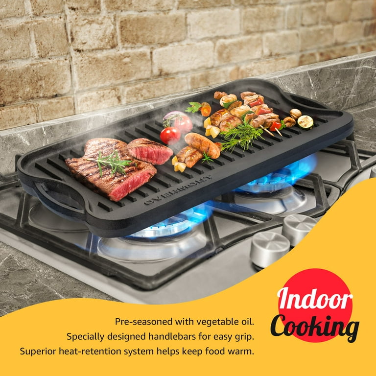 Overmont Pre-seasoned Cast Iron Reversible Griddle Grill Pan with handles  for Gas Stovetop Open Fire Oven, 17x9.8- One tray, Scrapers Included 