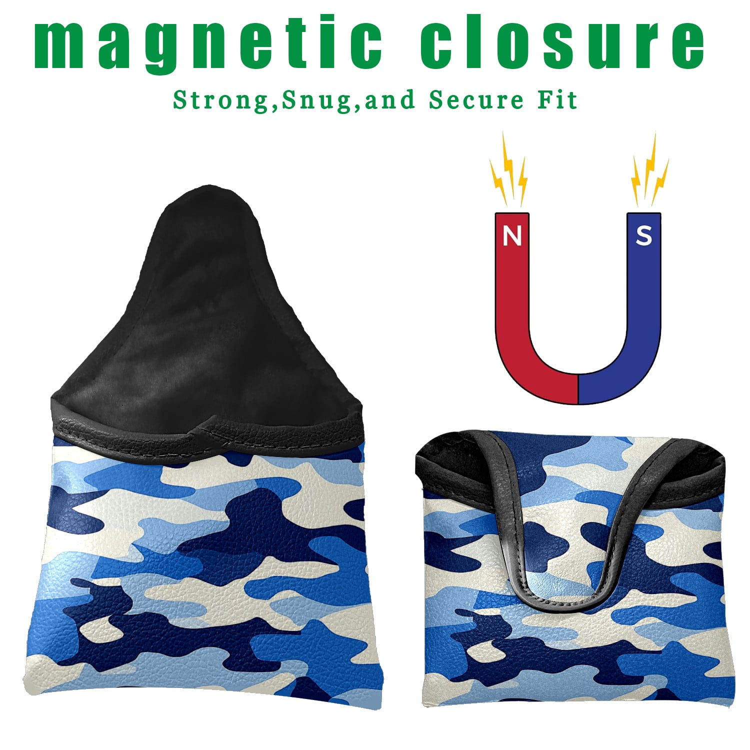 Golf Mallet Putter Cover Premium Leather Waterproof Golf Putter Head Cover with Magnetic Closure Blue White Camouflage Pattern
