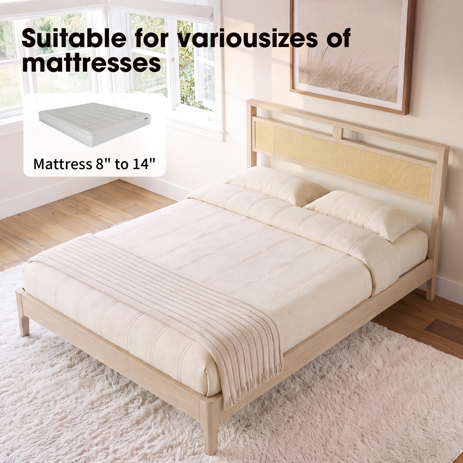 Queen Size Bed Frame with Rattan Headboard, Wooden Bed Frame with Solid Wood Legs and Multiple Mid-Position Supporting Beams for Bedroom Furniture, Quiet and Stable, Beige