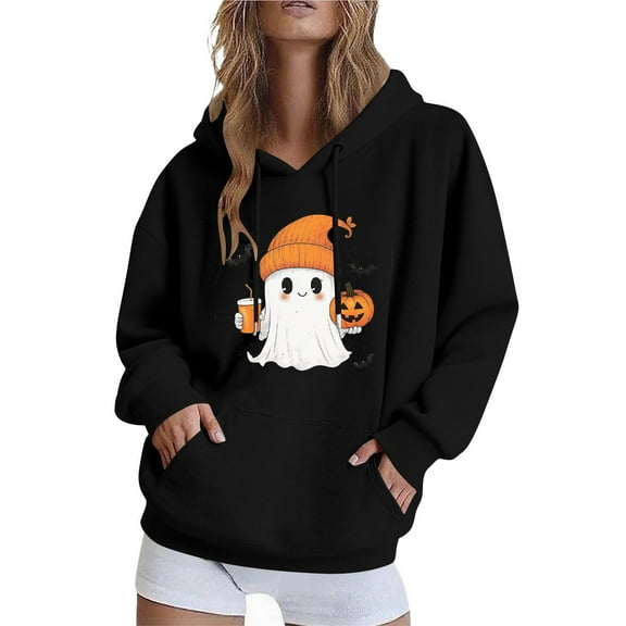 New trends for her GaThRRgYP Tops for Women,Women Long-sleeved Hooded Pocket Halloween Printed Casual Loose Sweatshirt Black XS
