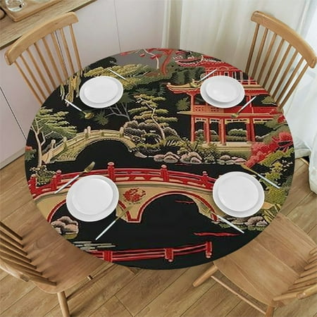 

BCIIG Pagoda Bridge Park Round Table Cover Stain Resistant Washable Indoor Outdoor Tablecloth Kitchen Dining Wedding Parties 100% Polyester Table Cloth Table Cover 38 -42