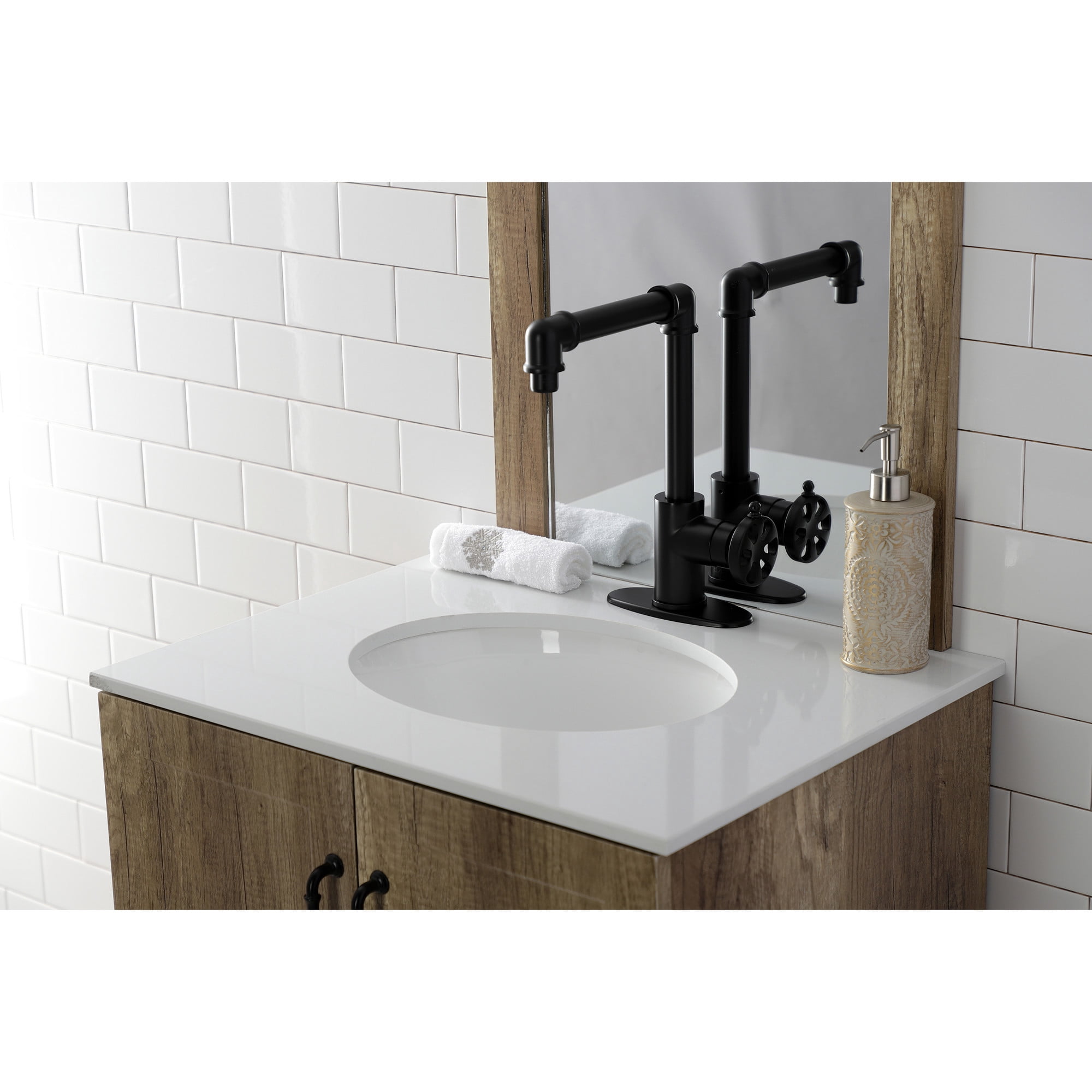 Kingston Brass KSD144RXMB Belknap One-Handle Single-Hole Bathroom Faucet with Deck Plate and Push Pop-Up Drain, Matte Black