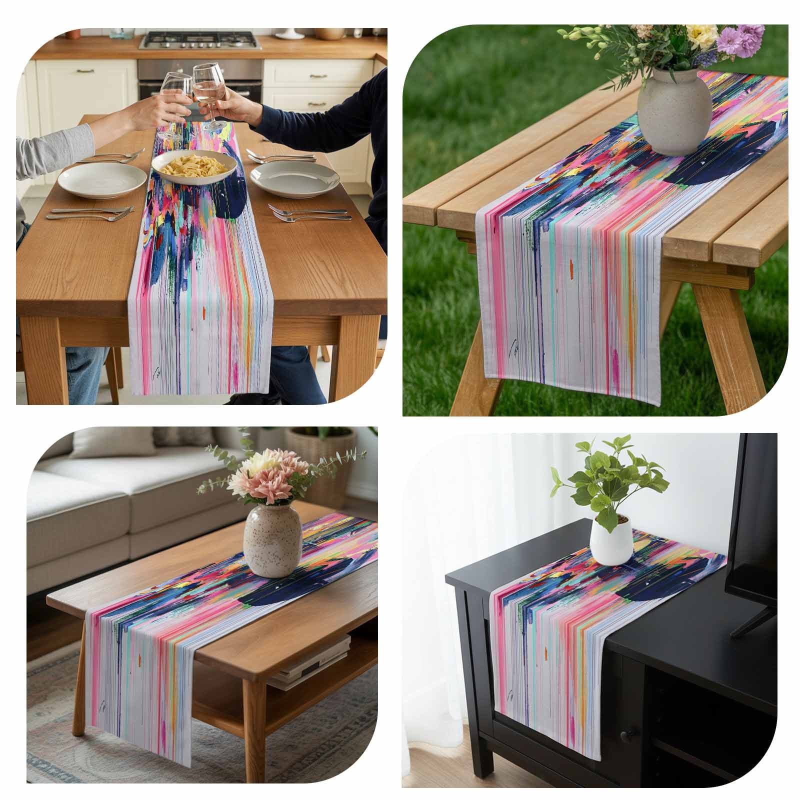 Abstract Art Table Runner 13x108 inch Modernism Colorful Color Block Collage Cotton Linen Dining Table Runner Ideal for Dresser Kitchen Coffee Tables - Machine Washable