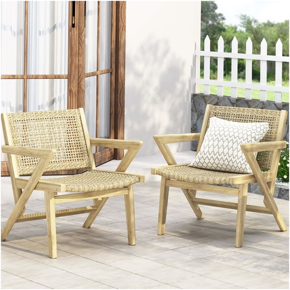 Set of 2 Acacia Wood Frame Wicker Chairs for Patio, Light Brown Outdoor Seating