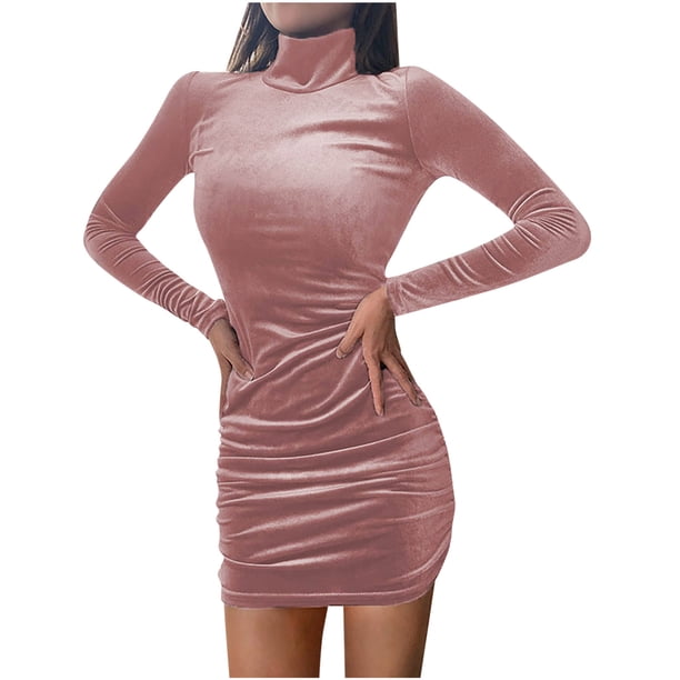 Moda mujer casual manga larga sólido damas retro terciopelo dorado medio cuello alto vestido delgado Fridja NMB843
