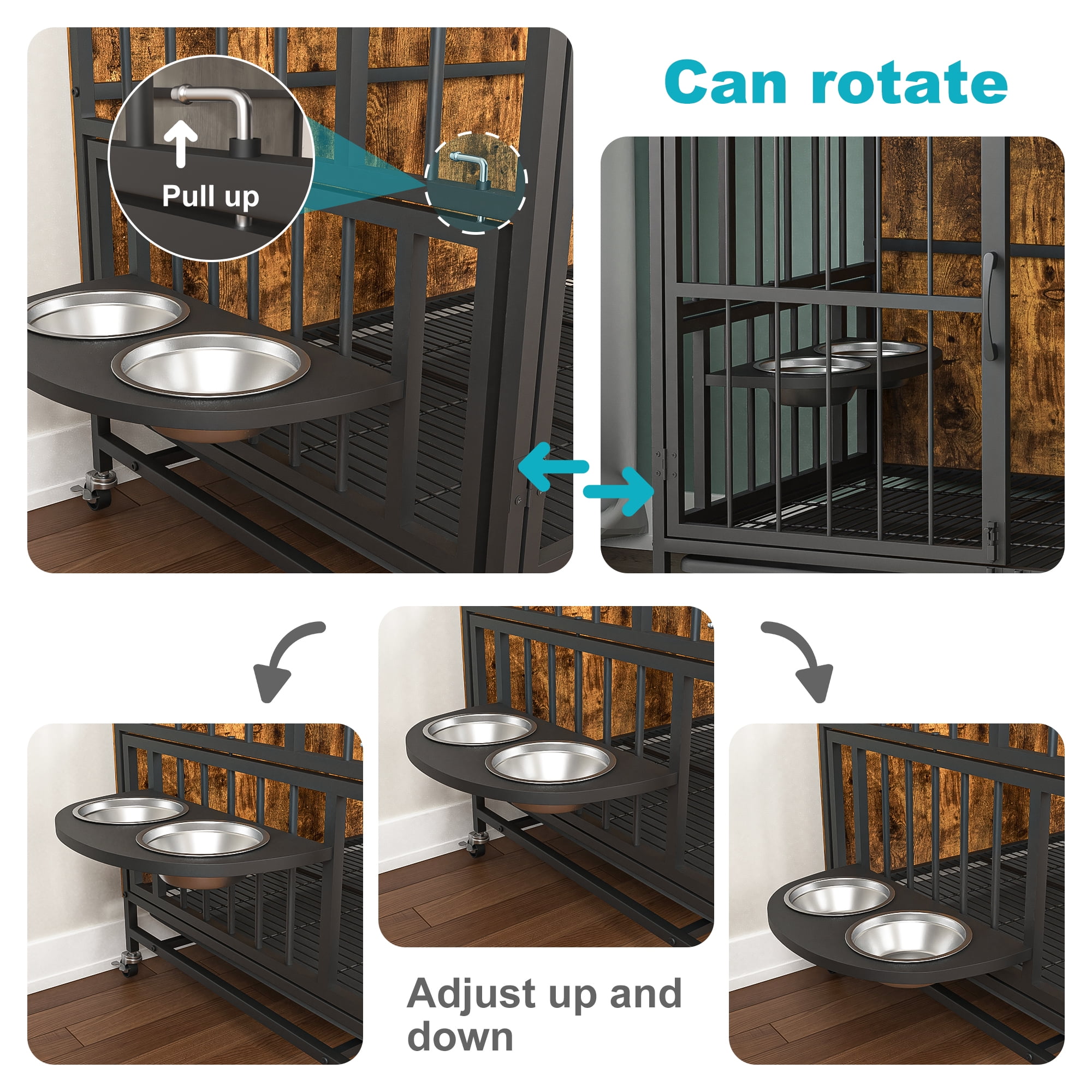 Hommoo Modern Kennel Dogs Room, Double-Door Dog House with Removable Tray, Lift Top, Adjustable Feeding Bowls, Dog Crate Cage for up to 60 lb, Brown