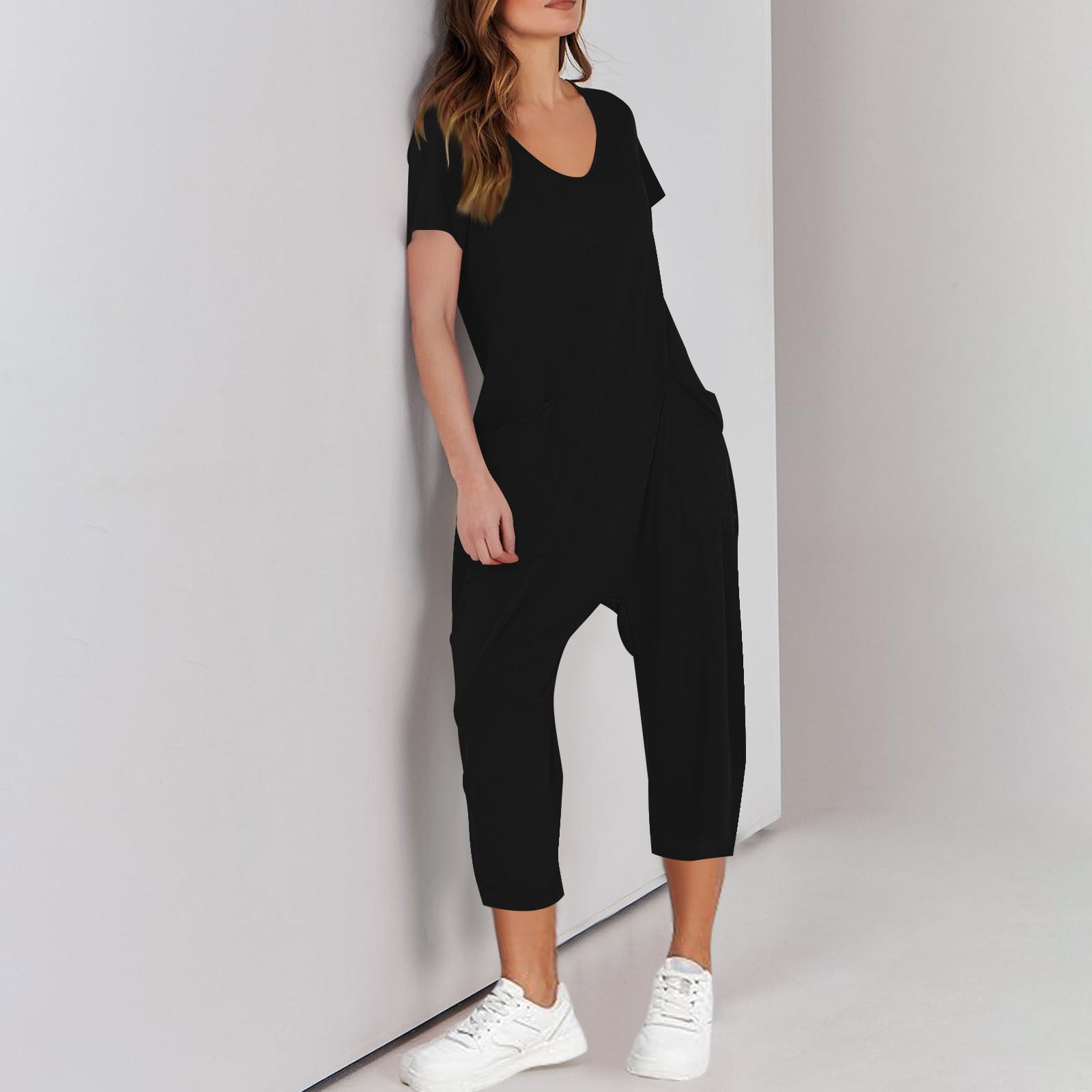 AGWOLF Adult Onesie Pajamas for Women Stretch V Neck Short Sleeve Jumpsuits Loose Fit Solid Ankle Length Pants Summer Rompers with Pockets Soft Sleepwear Homewear One Piece Black XXL