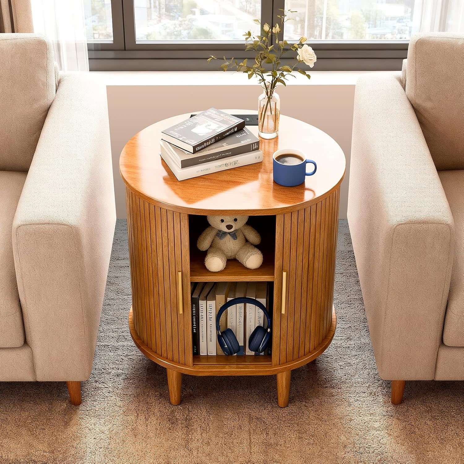 2-Piece Nightstand Set with Charging Station Mid-Century Modern, Yellow Fluted Side Tables with Sliding Door & Adjustable Shelf, Space-Saving End Table for Bedroom, Living Room