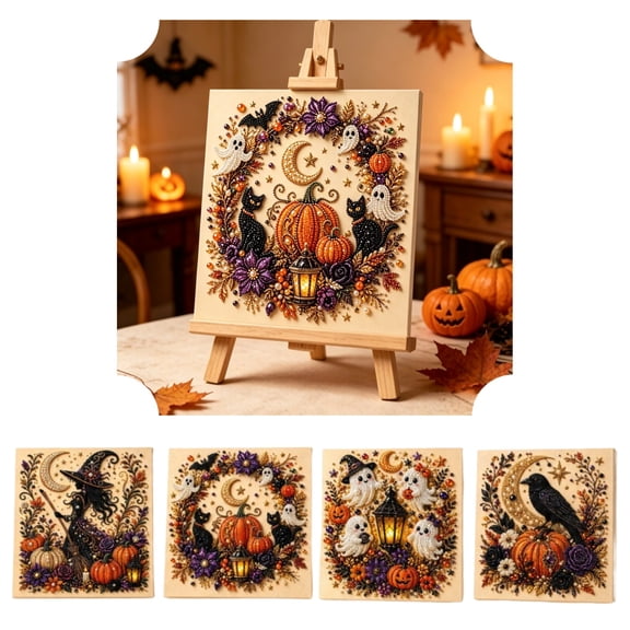 DIY Ghost Black Cat Pearl Pearl Art Kit, Halloween Pumpkin Crescent Lantern Crystal Rhinestone Painting, Beginner Friendly Handmade Wall Hanging Decor Gift,Style B