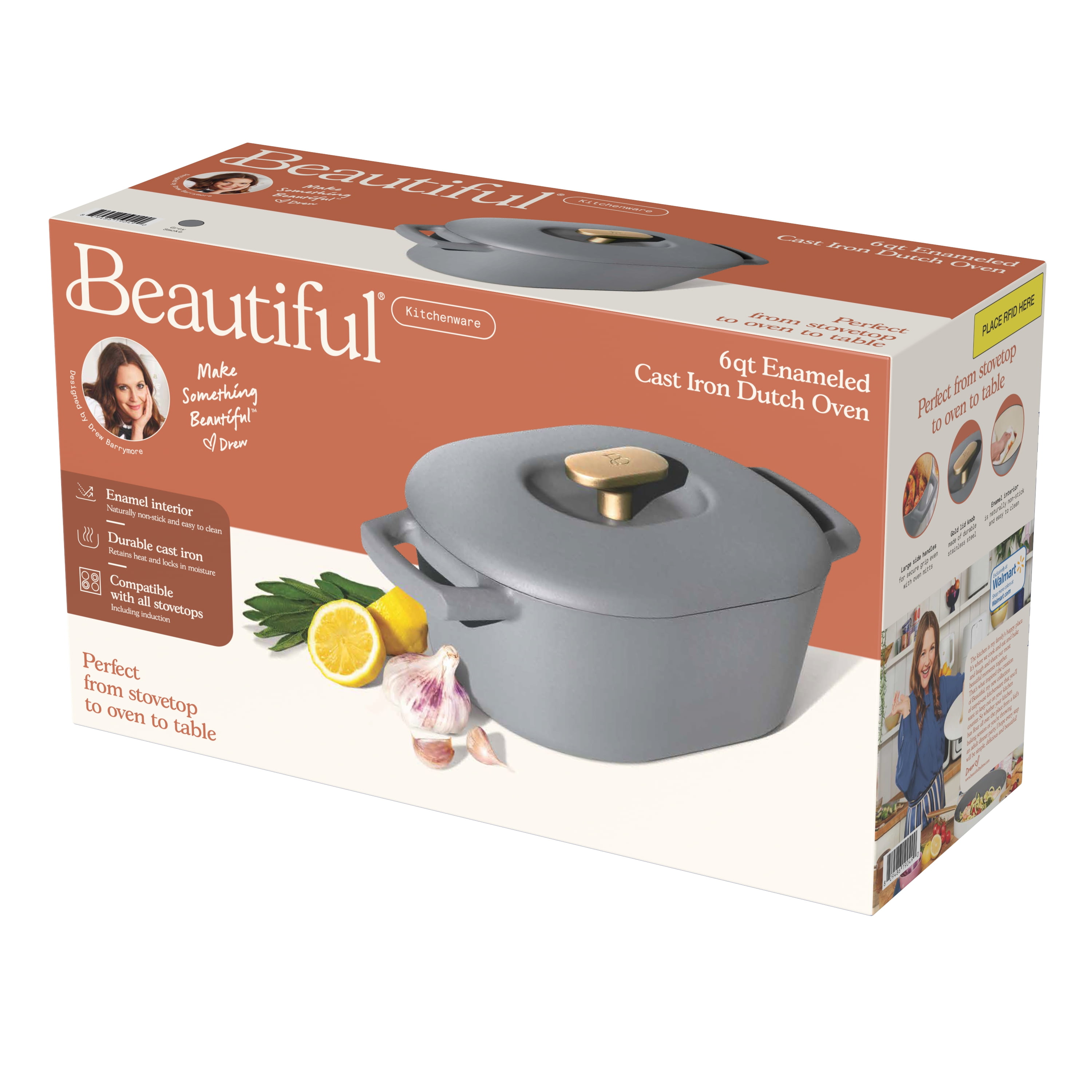 Beautiful 6 Quart Enamel Dutch Oven, Black Sesame by Drew Barrymore