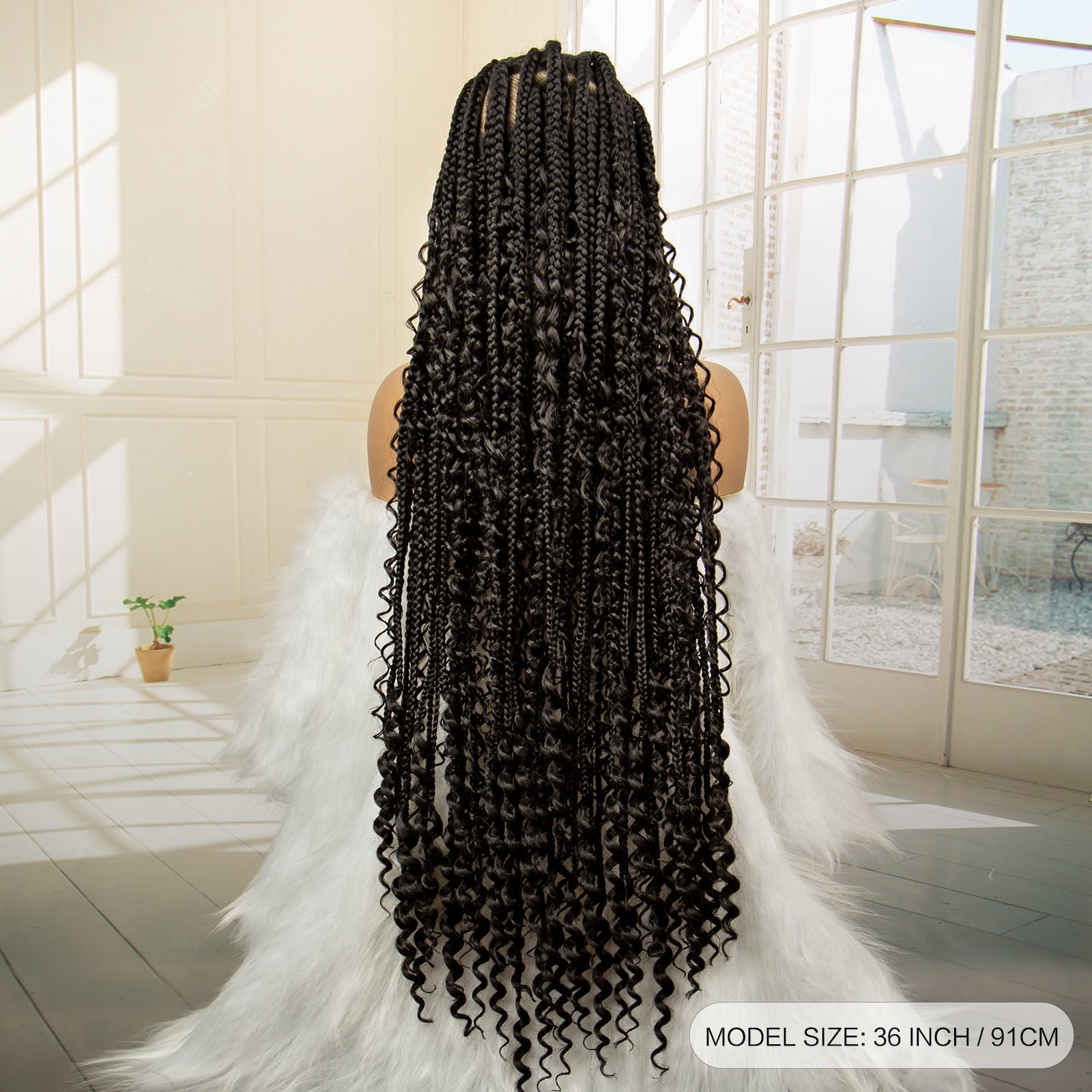 Full Lace Synthetic Boho Braided Wigs with Baby Hair Long Curly Hair Wig with Braids 36 Inches Lace Frontal Braiding Wig for Black Women