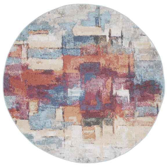 SAFAVIEH Phoenix Eleanor Abstract Area Rug, Rust Blue/Ivory, 6'7" x 6'7" Round
