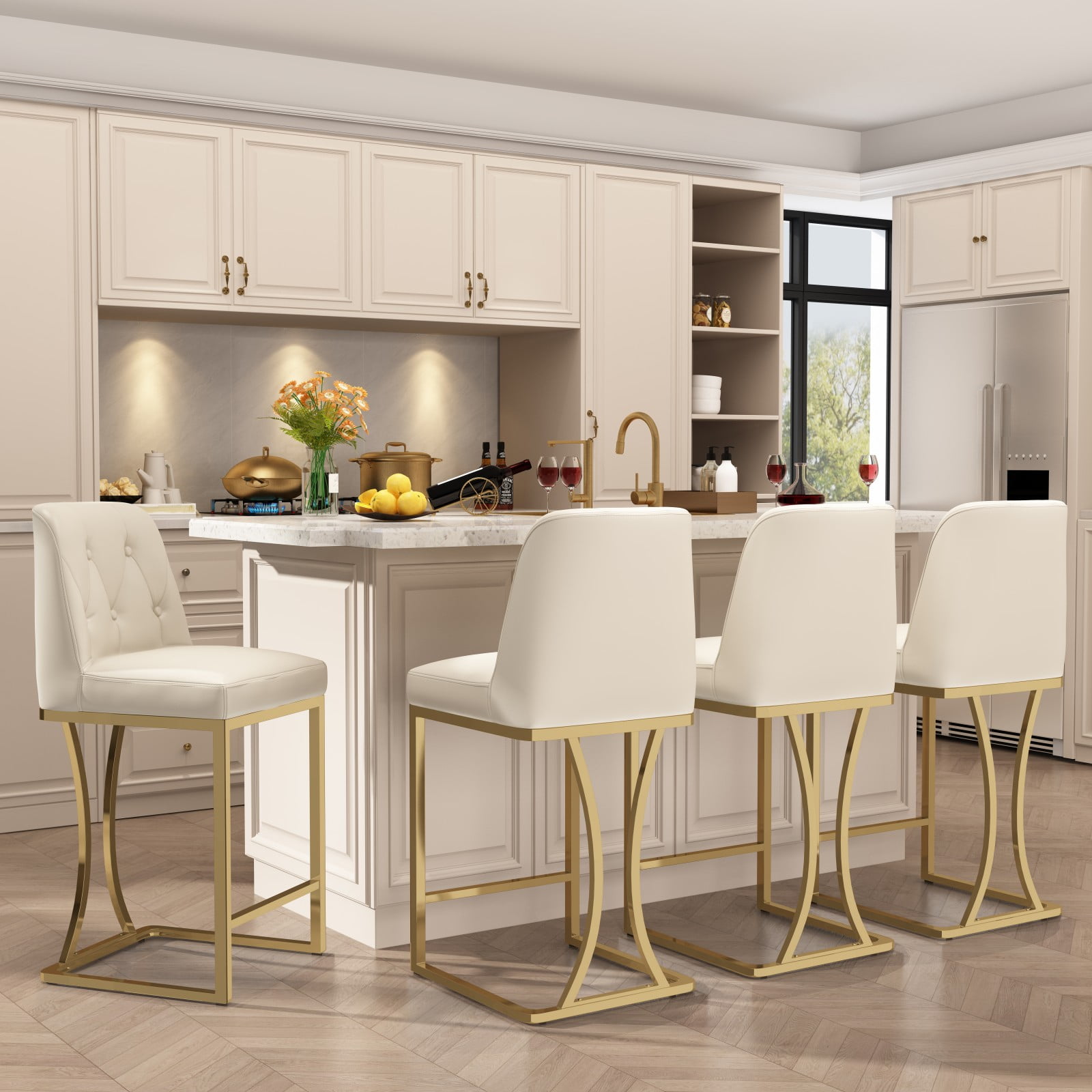HomeZeer Counter Height Bar Stools Set of 4, Bar Stools with Back and Sliver Metal Frame, 24" Barstools with Footrest, Upholstered PU Leather Counter Stool Chairs for Kitchen Island,White