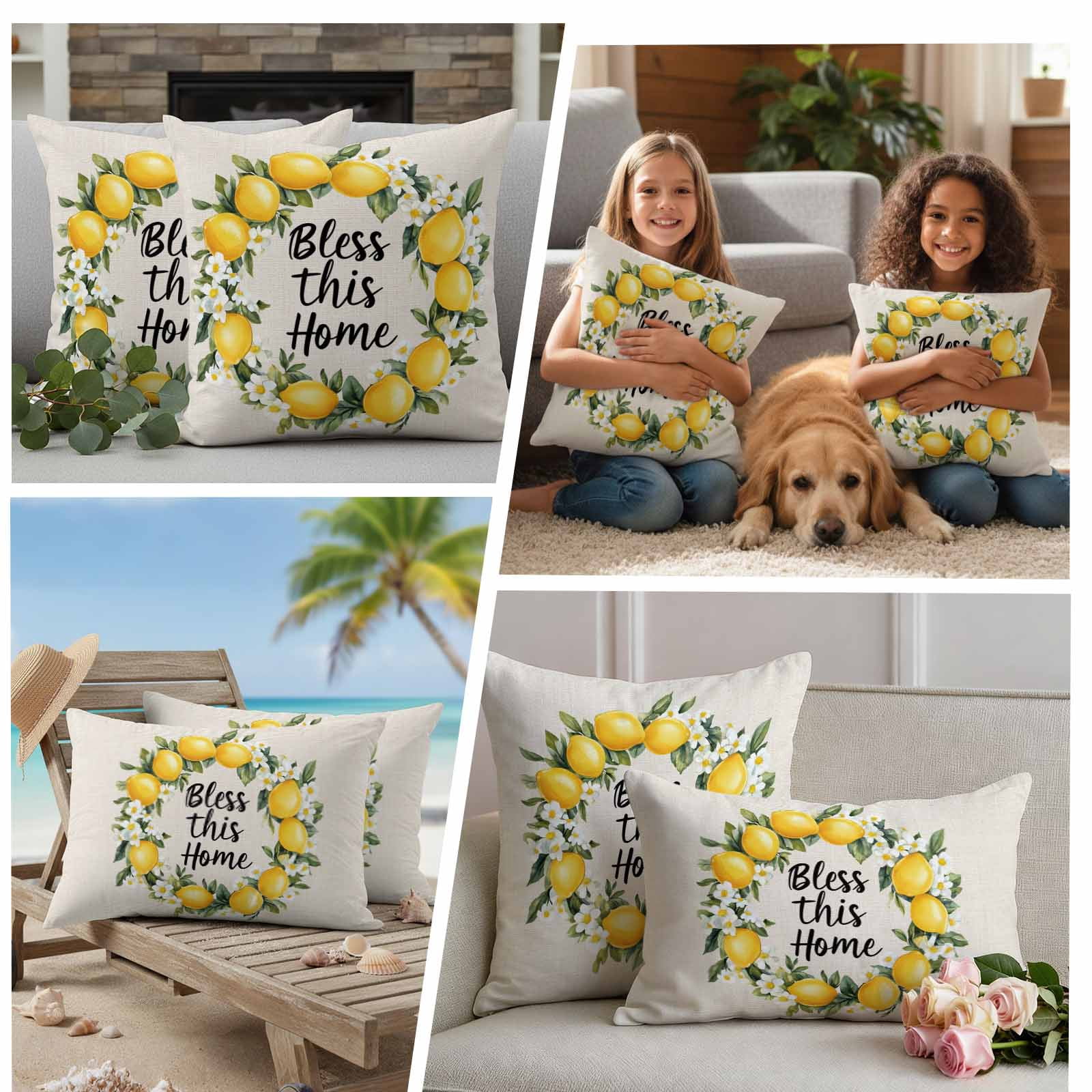Country Bless This Home Pillow Covers 2 Pack Yellow Lemon Linen Texture Pillowcase Waterproof Outdoor Throw Pillow Cover for Patio Garden Square Cushion 24”x24”
