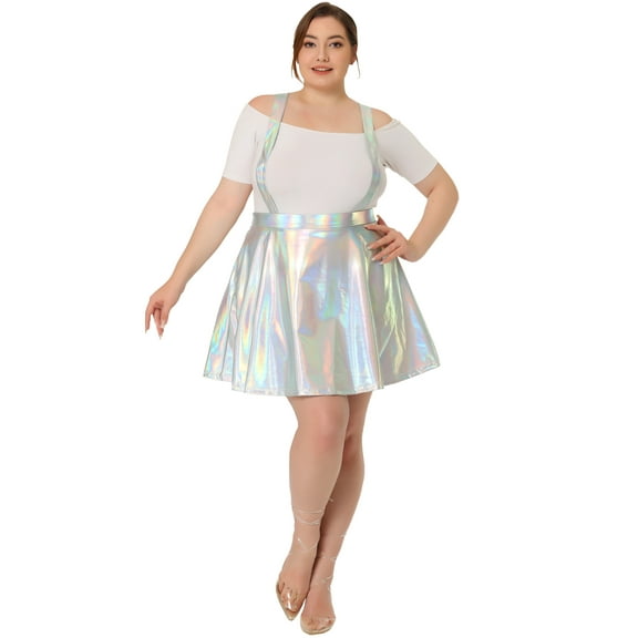Agnes Orinda Women's Plus Size Suspender Skirt High Waisted Holographic Glittery Skater Skirt 1X Silver