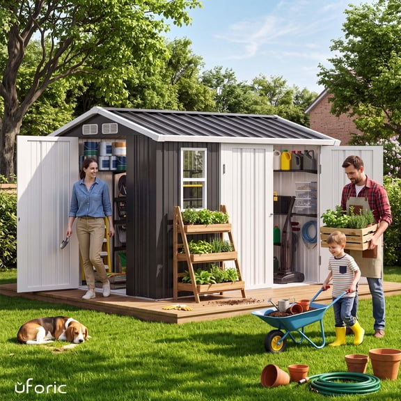 Uforic 7x5 FT Outdoor Storage Shed, Garden Tool Shed with 3 Lockable Doors and Window, Weatherproof Storage House for Backyard, Patio, Lawn