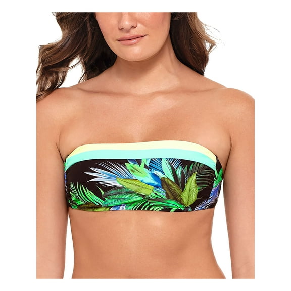 SALT   COVE Women's Black Tropical Print Stretch Removable Cups Lined Convertible Tie Tropic Glo Bandeau Swimsuit Top XS
