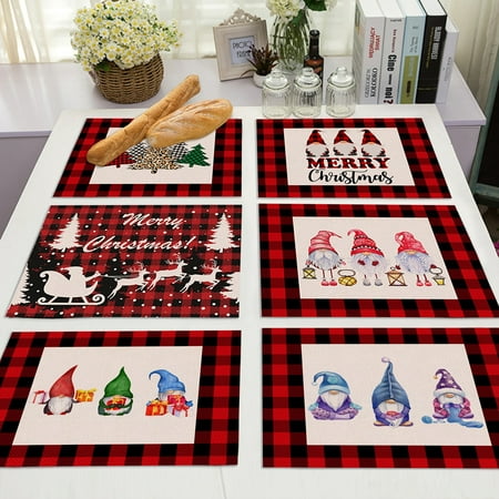 

Deyuer 6Pcs/Set Christmas Style Place Mat Anti-slid Flax Heat Insulation Fine Texture Dinner Mat for Home